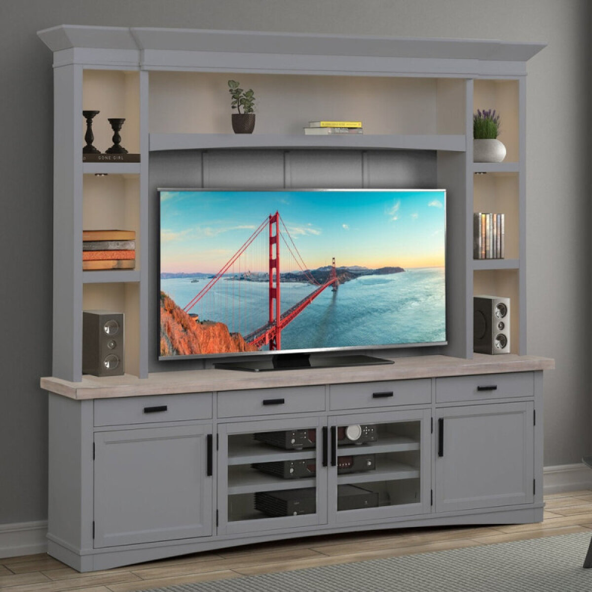 b8b2dedf49093f42f2cd3ded6326abd4 Americana Modern - Dove 92" Tv Console With Hutch, Backpanel & Led Lights - Image 1