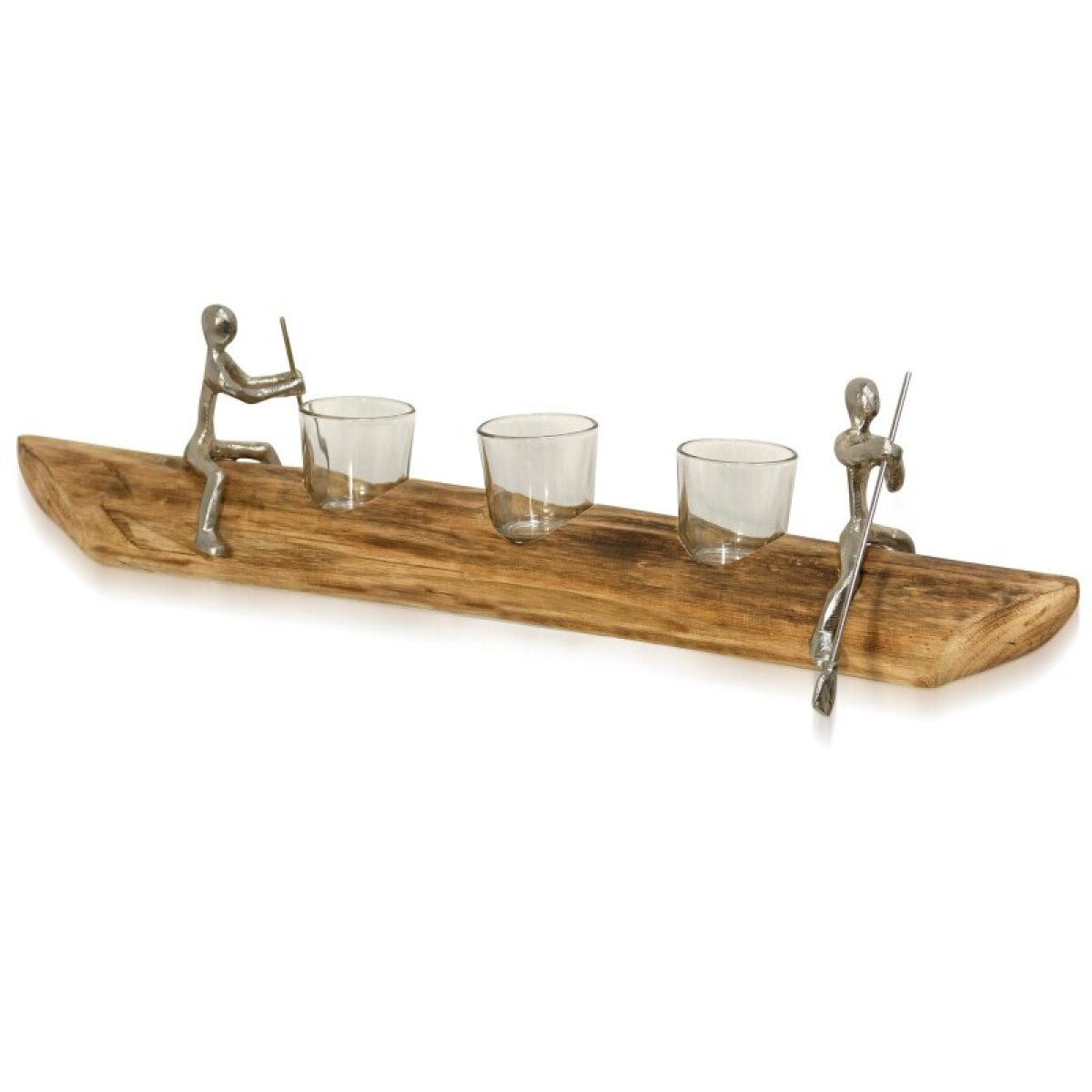be9bfab97be2303529a43cb83f9325a0 Tea Light Tandem Natural Carved Wood Canoe With Paddling Pewter Figurine - Image 1