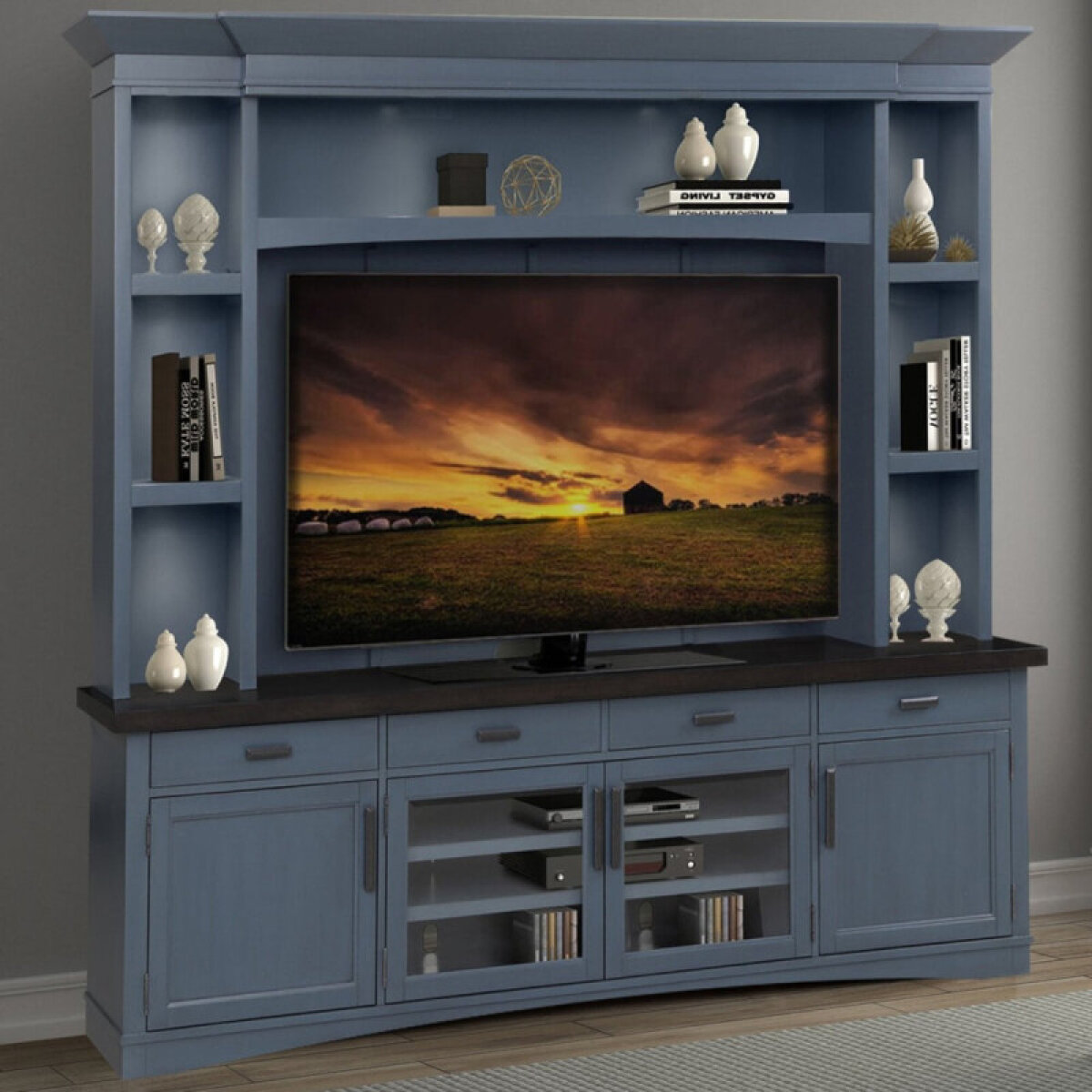 c1a3ab14a4b51d0be8b7bdd301b5c8de Americana Modern - Denim 92" Tv Console With Hutch, Backpanel & Led Lights - Image 1