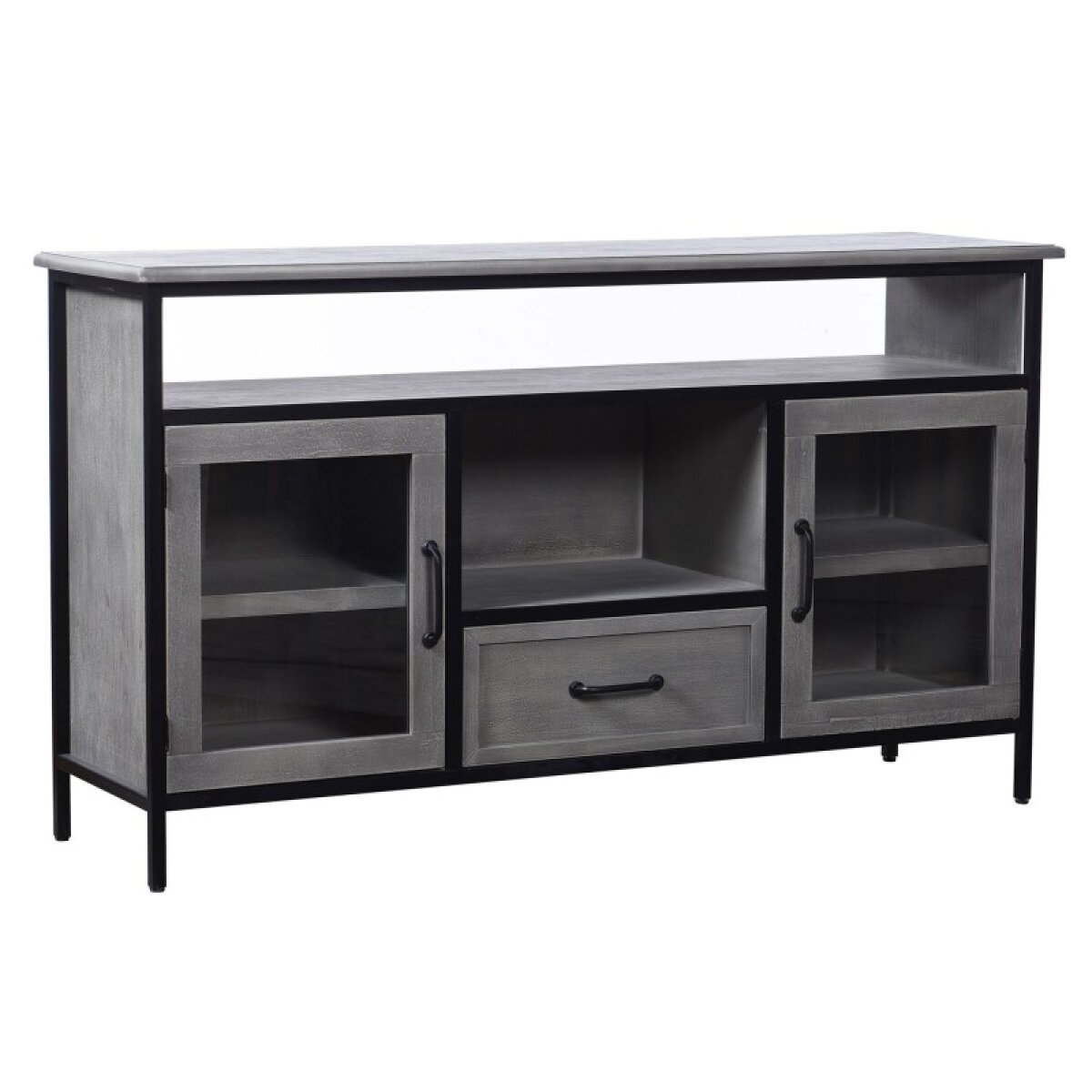 c5cf2088ceeee8c29d7b5825e59a3ec6 Amador Media Cabinet Gray Wooden And Black Metal 1 Drawer 2 Door 2 Shelf Cabinet With Glass 33in - Image 1