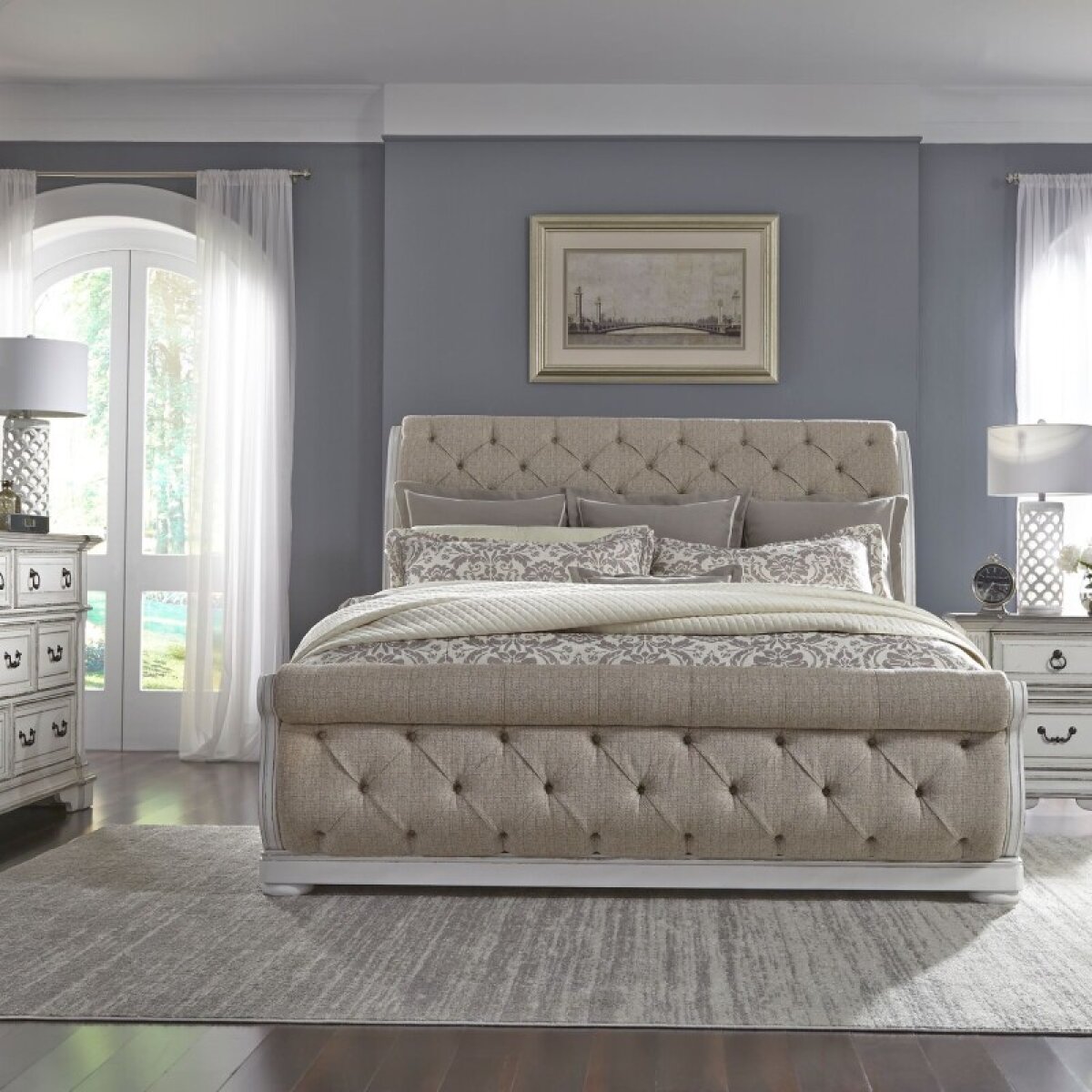c81d7b0da4550c024aad8136b6b2aa3e Abbey Park Queen Uph Sleigh Bed, Dresser & Mirror, Night Stand - Image 1