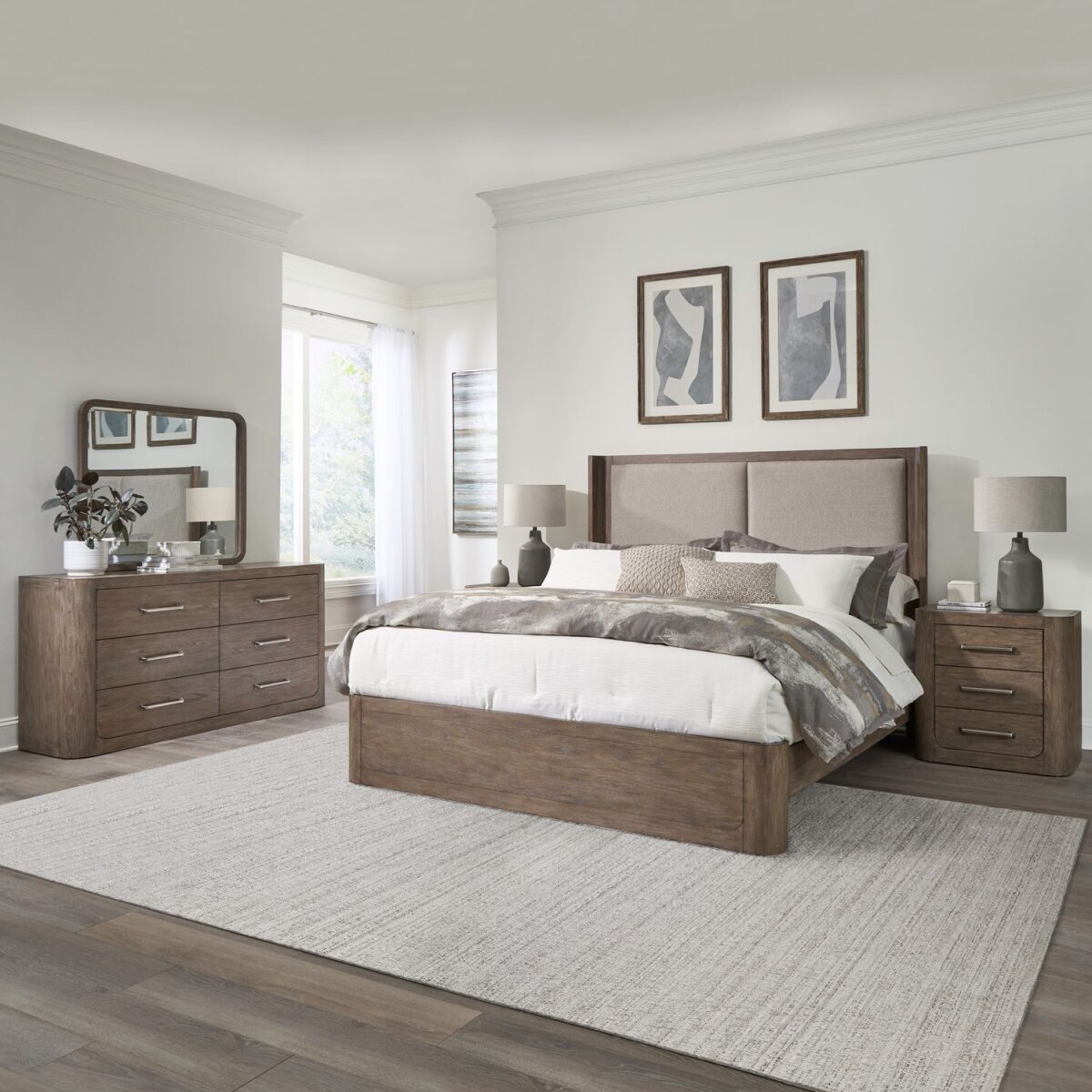 c921a4ab56324eea4d55567ce56123ba South Bend King Shelter Bed, Dresser & Mirror, Night Stand - Image 1
