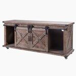 Natural Barnwood Farmhouse Tv Console On Casters With Barn Door Hardware - Image 3