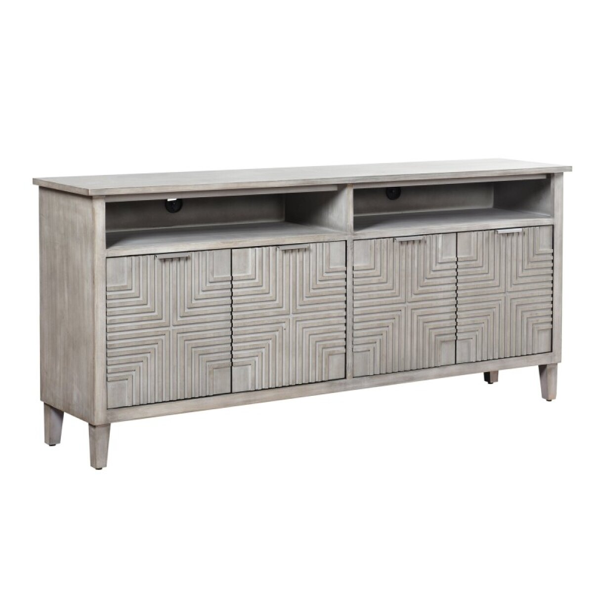 cb99eff5dc3217fbe75c4f517226d73f Quadrant Credenza Four Geometric Patterned Door Cabinet Brushed Gray Finish - Image 1