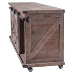 Natural Barnwood Farmhouse Tv Console On Casters With Barn Door Hardware - Image 4