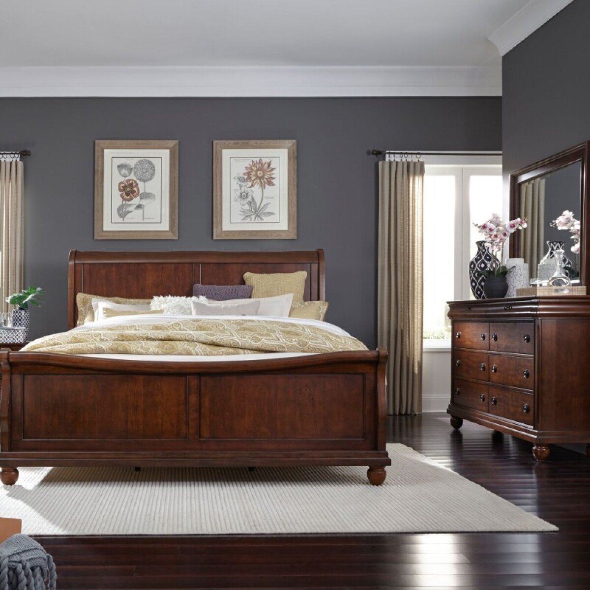 d0a2c27b90e85d61372dce5d8cf8dc8b Queen Sleigh Bed, Dresser & Mirror - Image 1