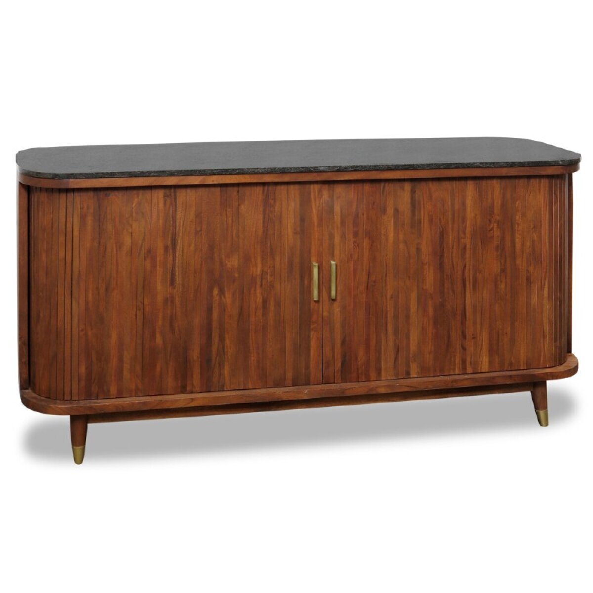 d203dbe6c921a59bb06b4ed7d898d08e Tambour Oval Credenza Solid Acacia Wood In Light Brown Black Marbled Top - Image 1