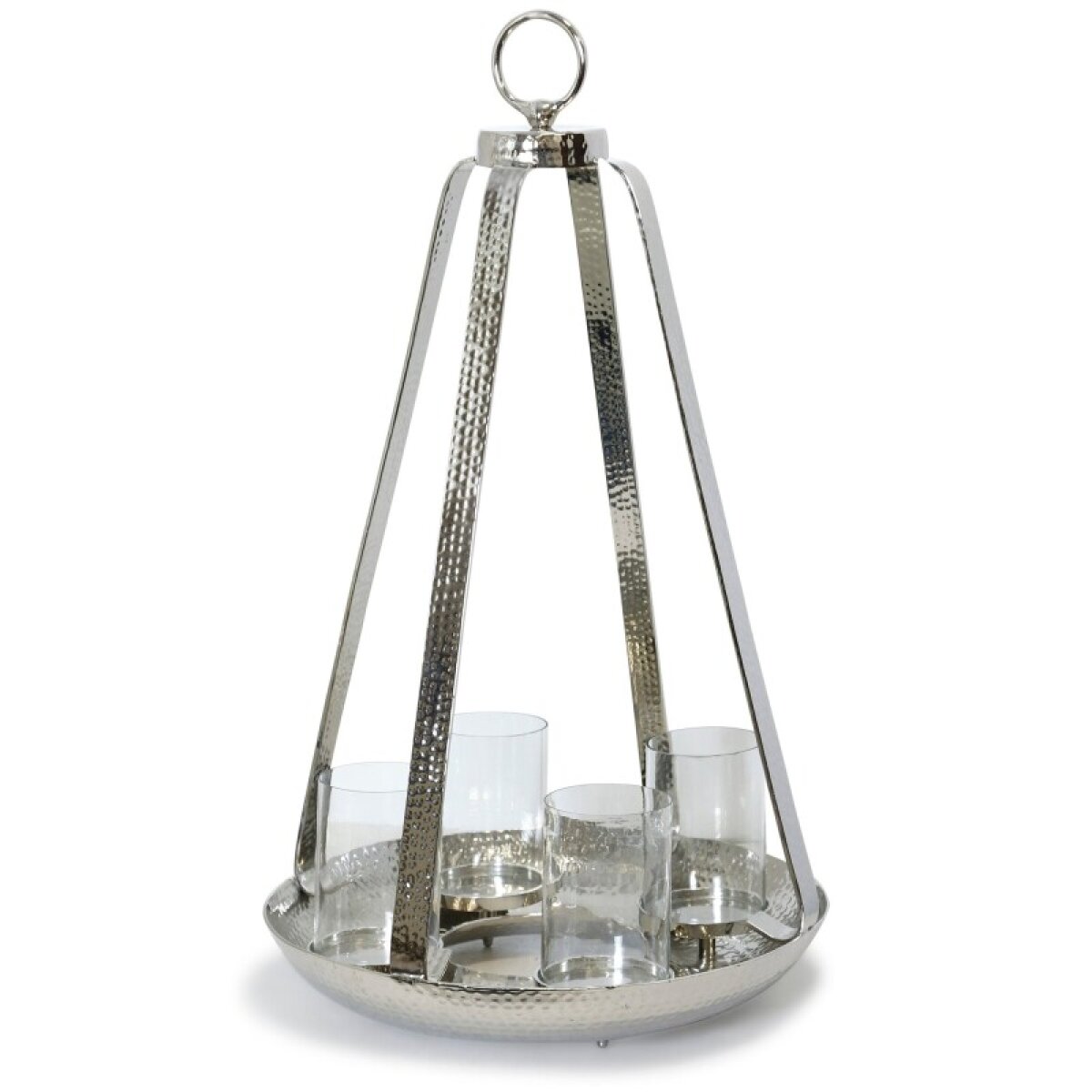 d2247ba756c8bd7b8b682b5ce8fa7c80 Nickel Plated Large Lantern Hammered Design Metal Candle Holder With Four Small Cyliner Votives - Image 1