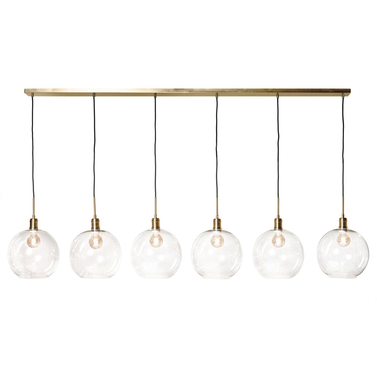 d5fb18054b0cc1ff2c82eb707853e2be Luca Brass Chandelier- Large | Adjustable Level 20 -139 Clear Glass Globes With Brass Finished Meta - Image 1