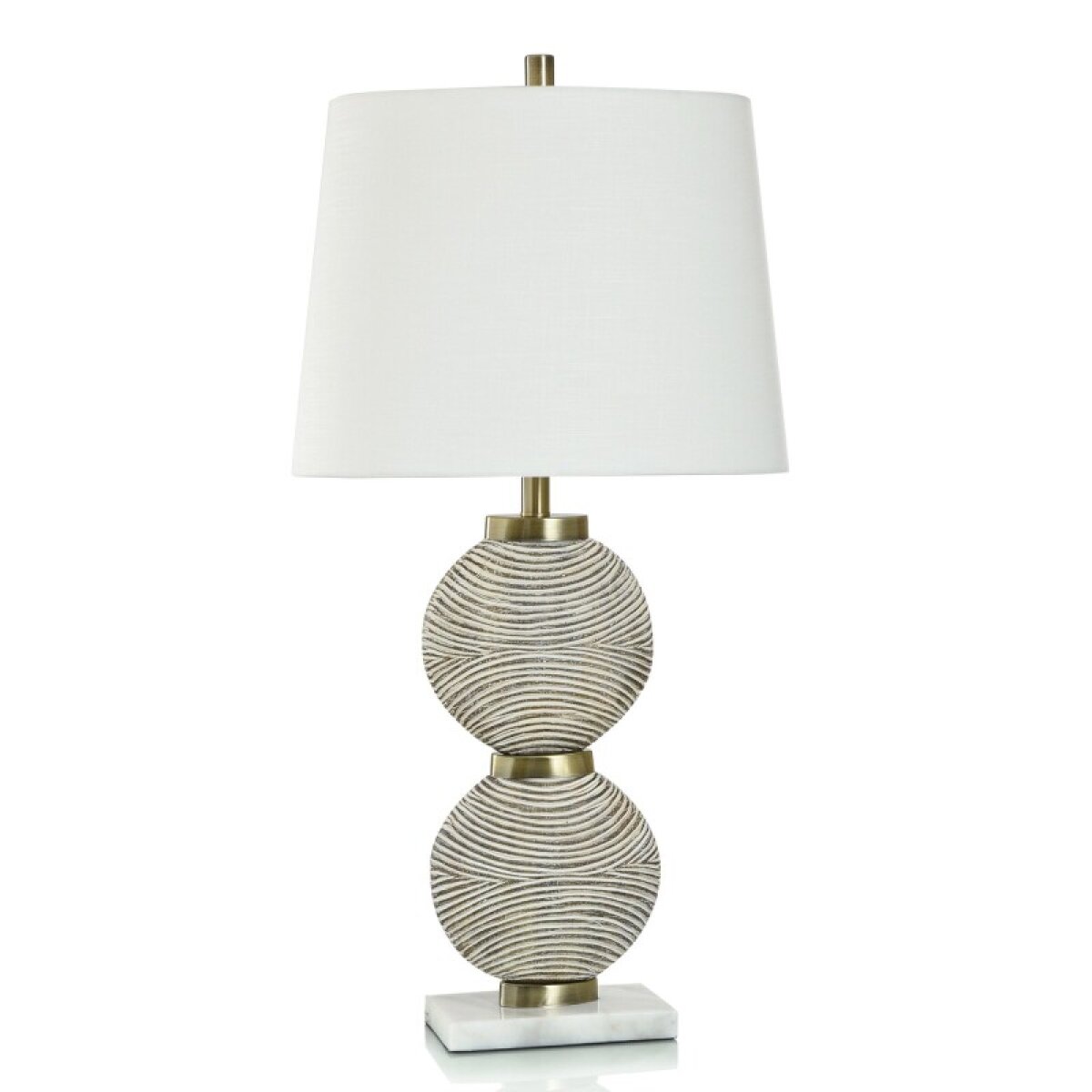 d761a44346c3ad66969deb1440d08ada Shallows Brass Table Lamp Double Circle Cream Striped Polyresin Body With Marbled Base - Image 1