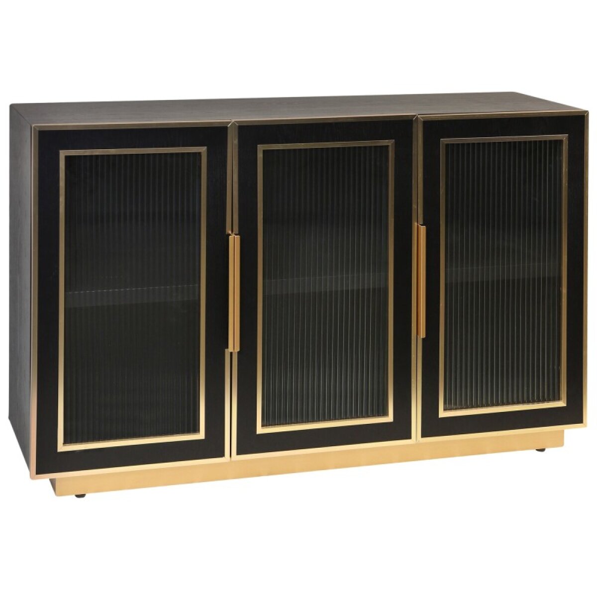 d81c2671cf9bd323d24340195be4ce63 Ebony & Gold 3 Door Wooden & Metal Cabinet With Corrugated Clear Glass - Image 1