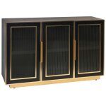 Ebony & Gold 3 Door Wooden & Metal Cabinet With Corrugated Clear Glass