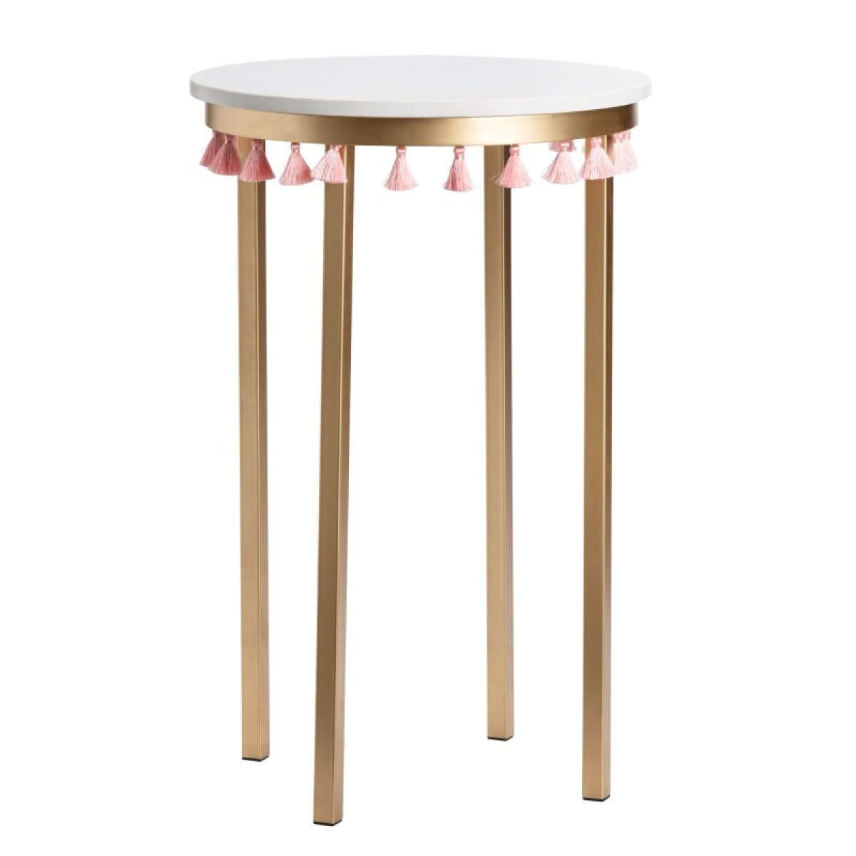 d8ff1bc6b4d682a5192dadc1293a7aa6 Saffron Round Marble Accent Table w/ Pink Tassels - Image 1