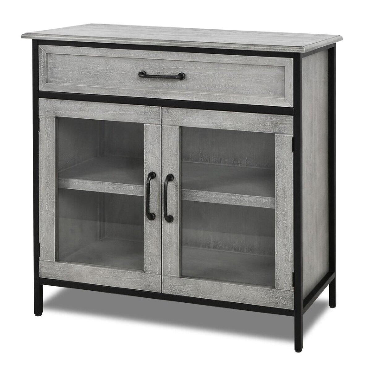 db1f128d8ab7b12330682809e0a81937 Amador Small Cabinet Gray Wooden And Black Metal 1 Drawer 2 Door Cabinet With Glass - Image 1