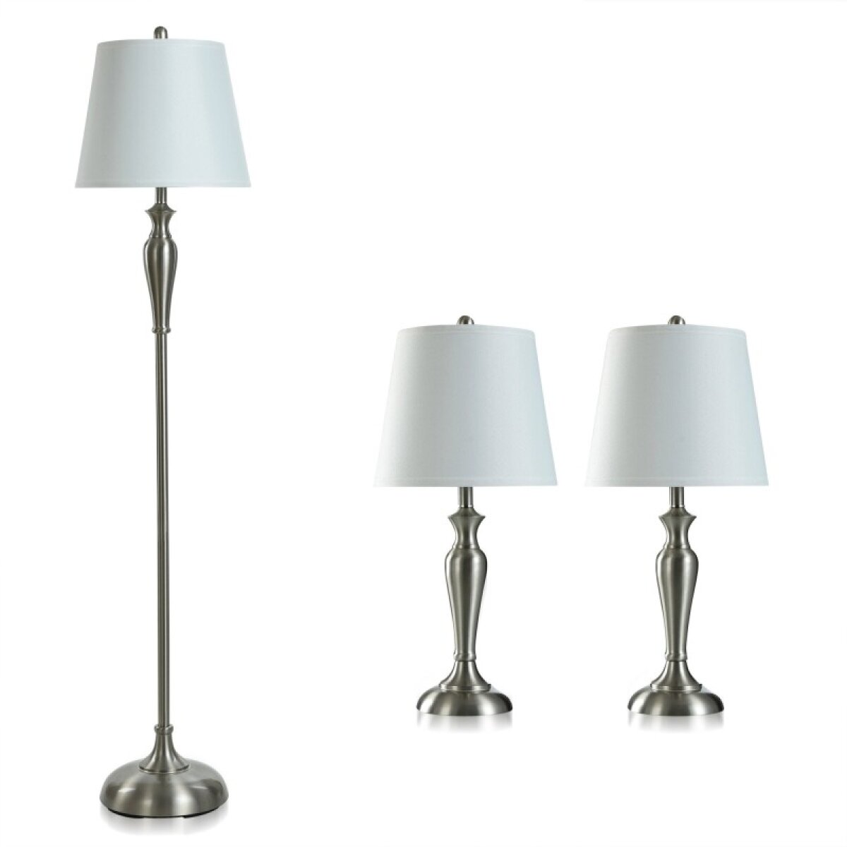 db30a27df4700fd1d6dc59fc846bd500 Brushed Steel Set Two Table Lamps & One Floor Lamp With White Hardback Shades 100 Watts - Image 1