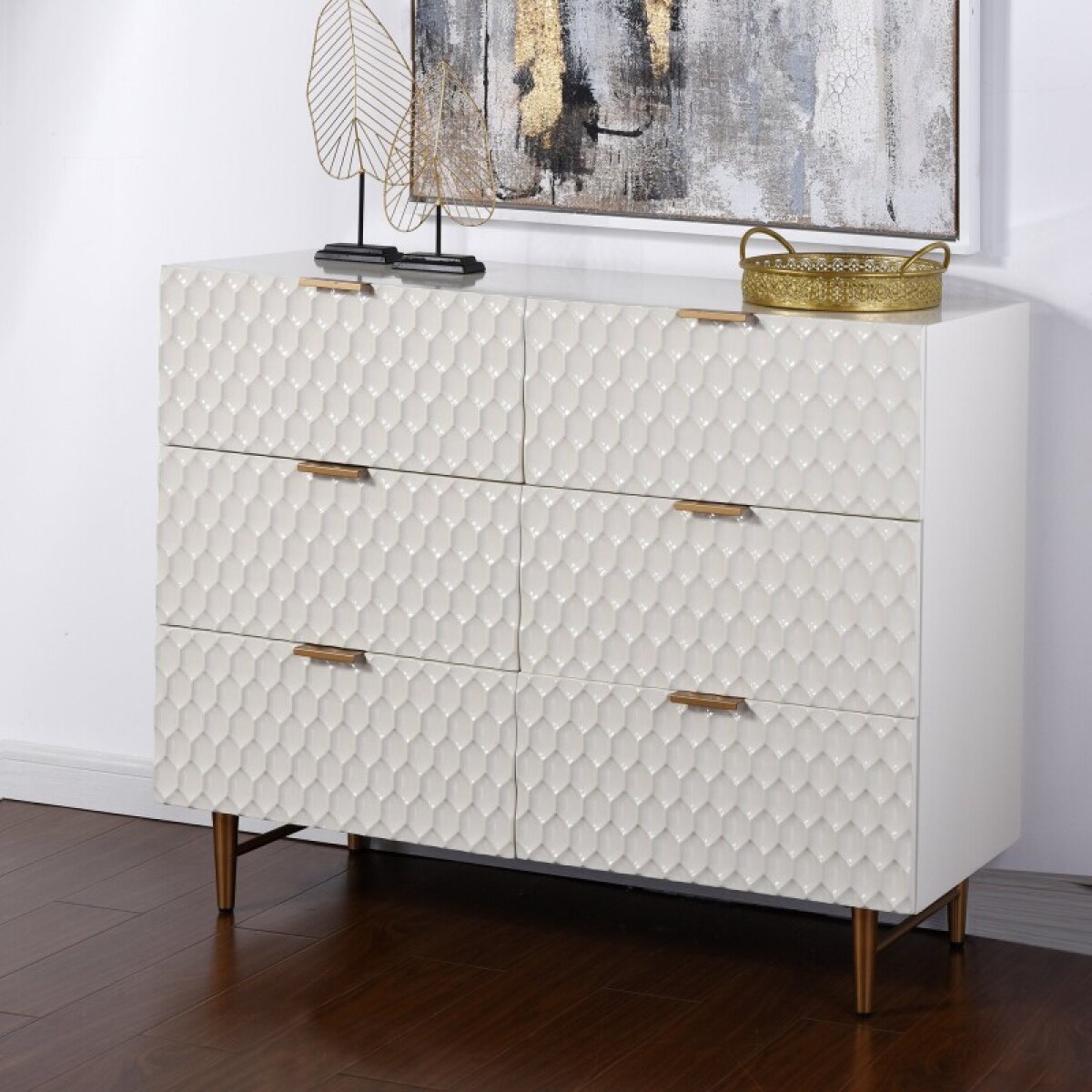Cream Textured Contemporary Cabinet With Gold Hardware Six Drawer Dresser - Room to Room Furniture