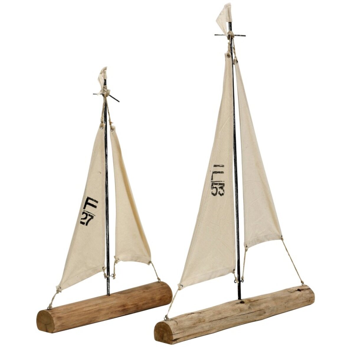 e2aa96c9169d2faf9f2f6549d3479f4f Barnwood Sailors 32in & 25in Set Of Two Natural Wood Metal And Painted Canvas Sail Boats Made - Image 1
