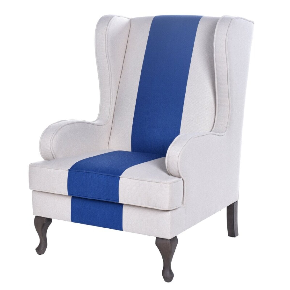 e4d5296e7a0d4ed282d38acc260100b0 Dann Foley Lifestyle White Accent Chair With Blue Stripe And Wooden Cabriole Legs - Image 1