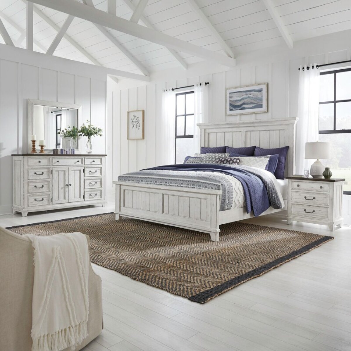 e5149947742baa4178dcdf9e734e727c River Place King Panel Bed, Dresser & Mirror, Night Stand - Image 1