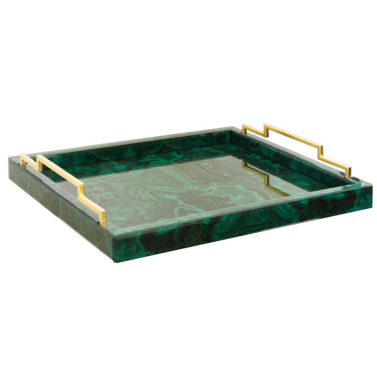eb9c39fa4deeb85b20caf56f9574a57c Malachite Tray | Malachite Veneer On Glass With Brass Handles - Image 1