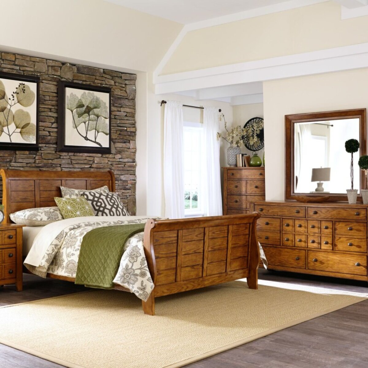 f014055de7b96edb55aeaa9436b5de94 King California Sleigh Bed, Dresser & Mirror, Night Stand - Image 1