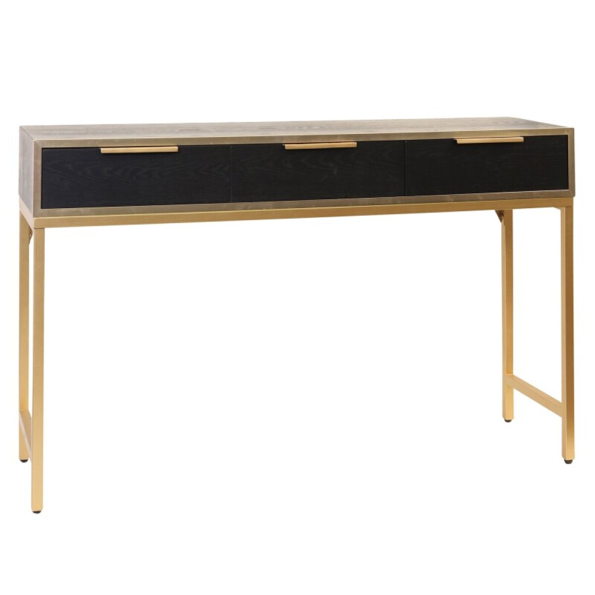 f38801e36c8076a906a040d3a9f93093 Ebony & Gold 3 Drawer Wooden & Metal Console Vanity Table - Image 1