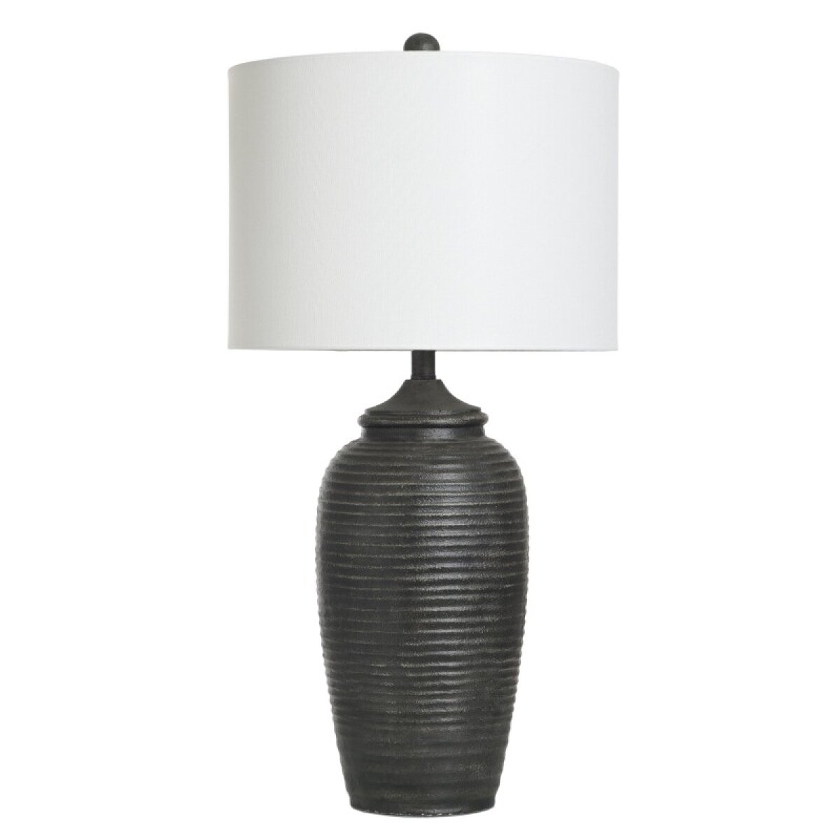 f3c34363d20529372f2122fa624069bb Matte Black Polyresin Rippled Table Lamp Base With Linen Hardback Shade 150 Watts - Image 1