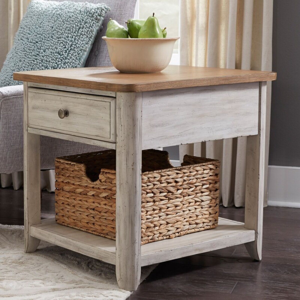 f5487d02ff76ba7aaa54937c57f3b963 Farmhouse Reimagined End Table with Basket - Image 1