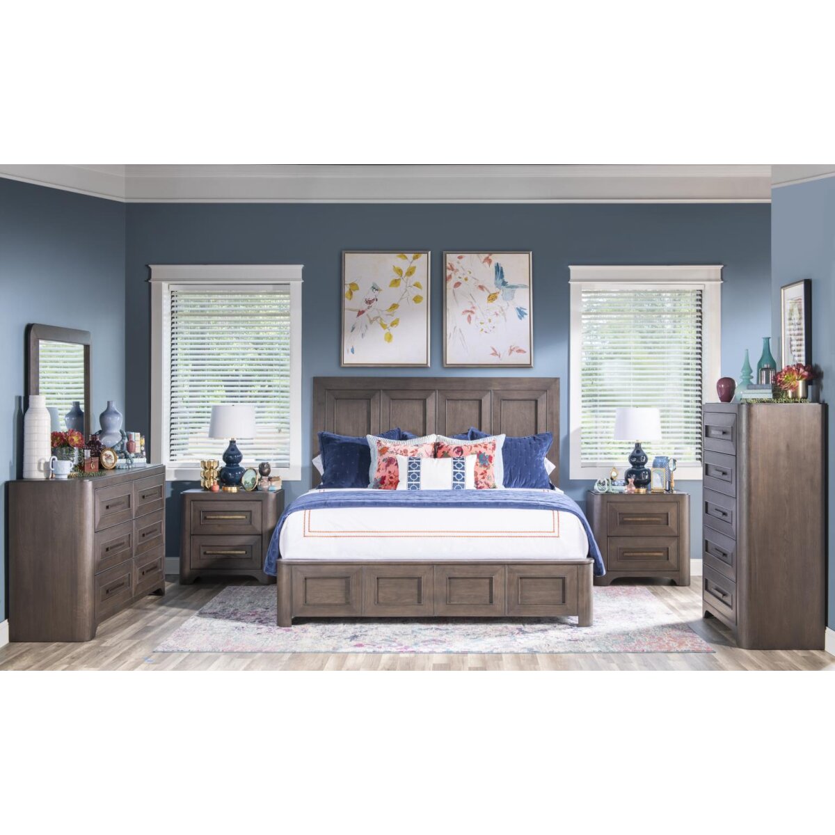 f6547e06e718e89413a132fbcac615b6 Complete Queen Panel Bed 5/0, 6 Drawer Dresser, Mirror, 5 Drawer Chest - Image 1