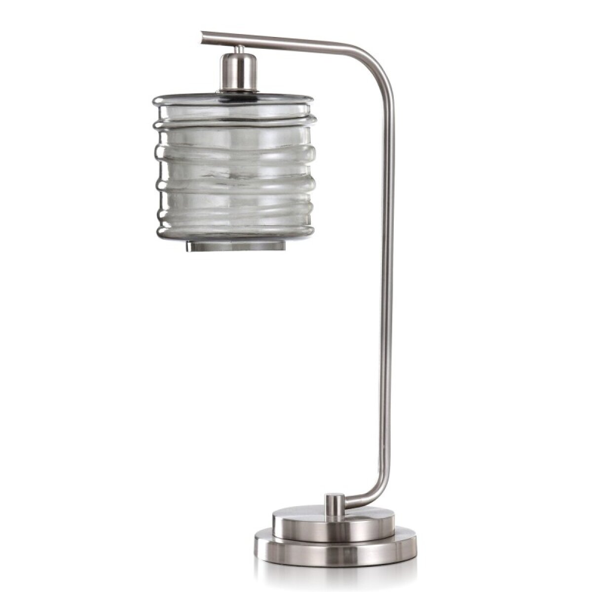 f76b8bbfc8324ec945d9424d6f877cab Polished Nickel & Smoke Glass Contemporary Polished Metal And Tinted Glass Desk Lamp - Image 1