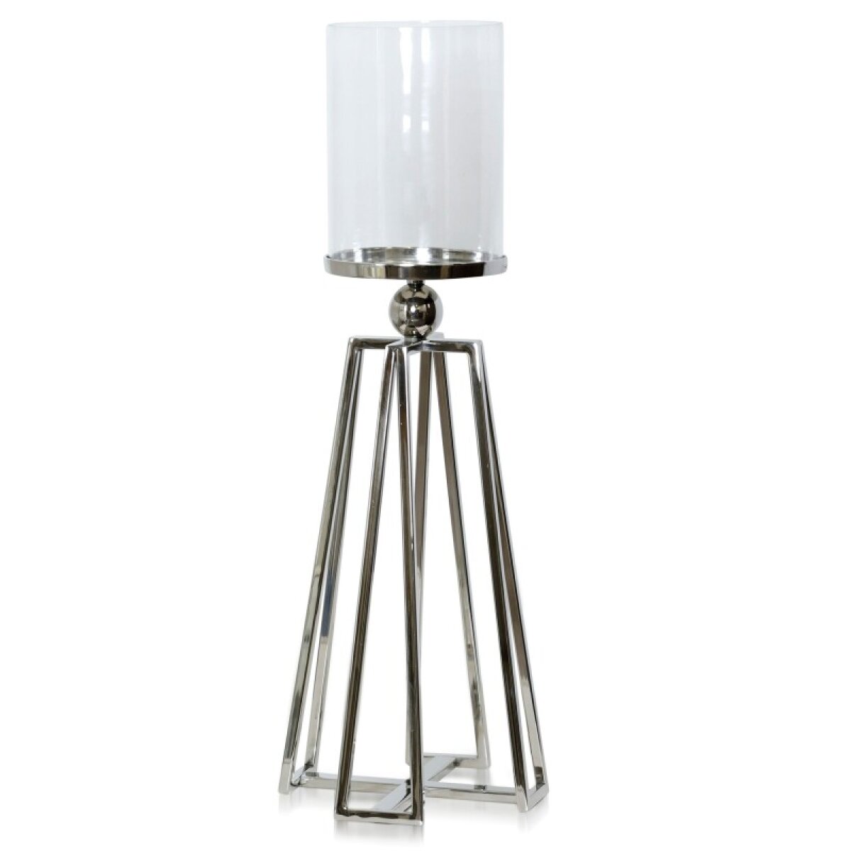 f981107b7df271e1222e3c271f34fb97 Nickel Plated Medium Standing Metal Base Candle Holder With Glass Hurricane Cylinder Votive 9in - Image 1