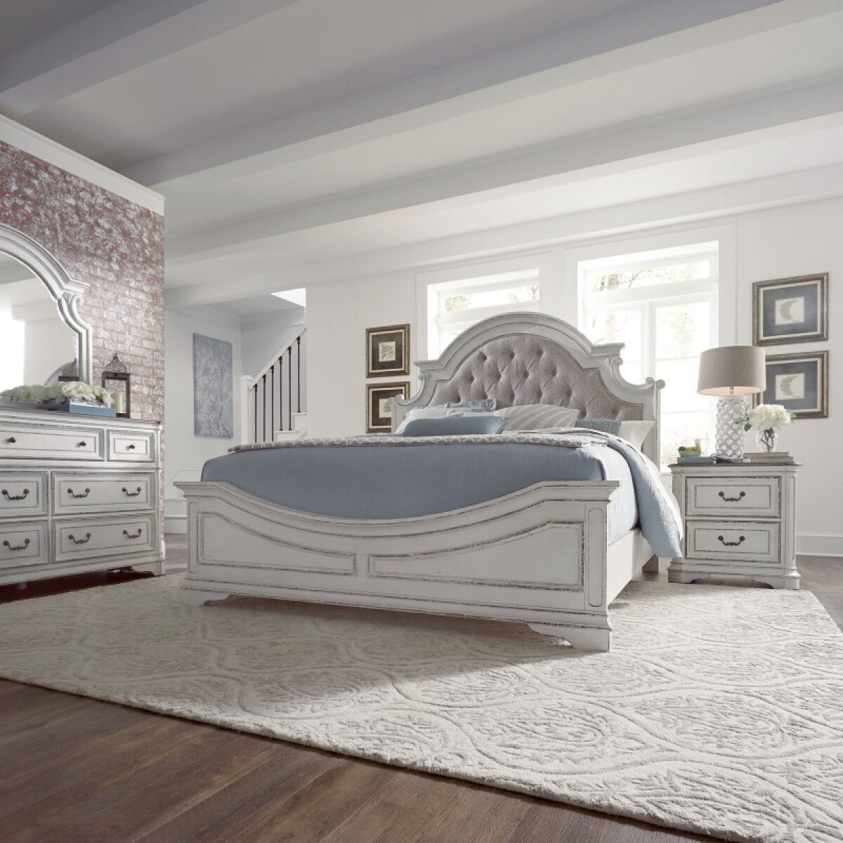f9b60337356322491c83857e4189de4c Magnolia Manor King Uph Bed, Dresser & Mirror, Night Stand - Image 1