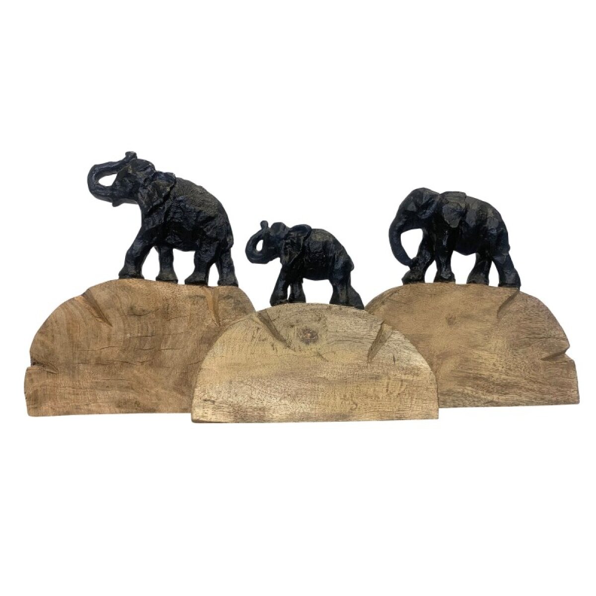 fa26d542b2c084700e94e65d07d93e13 Elephant Family Ebony Finished Resin Statues On Solid Mango Wood Stumps - Image 1