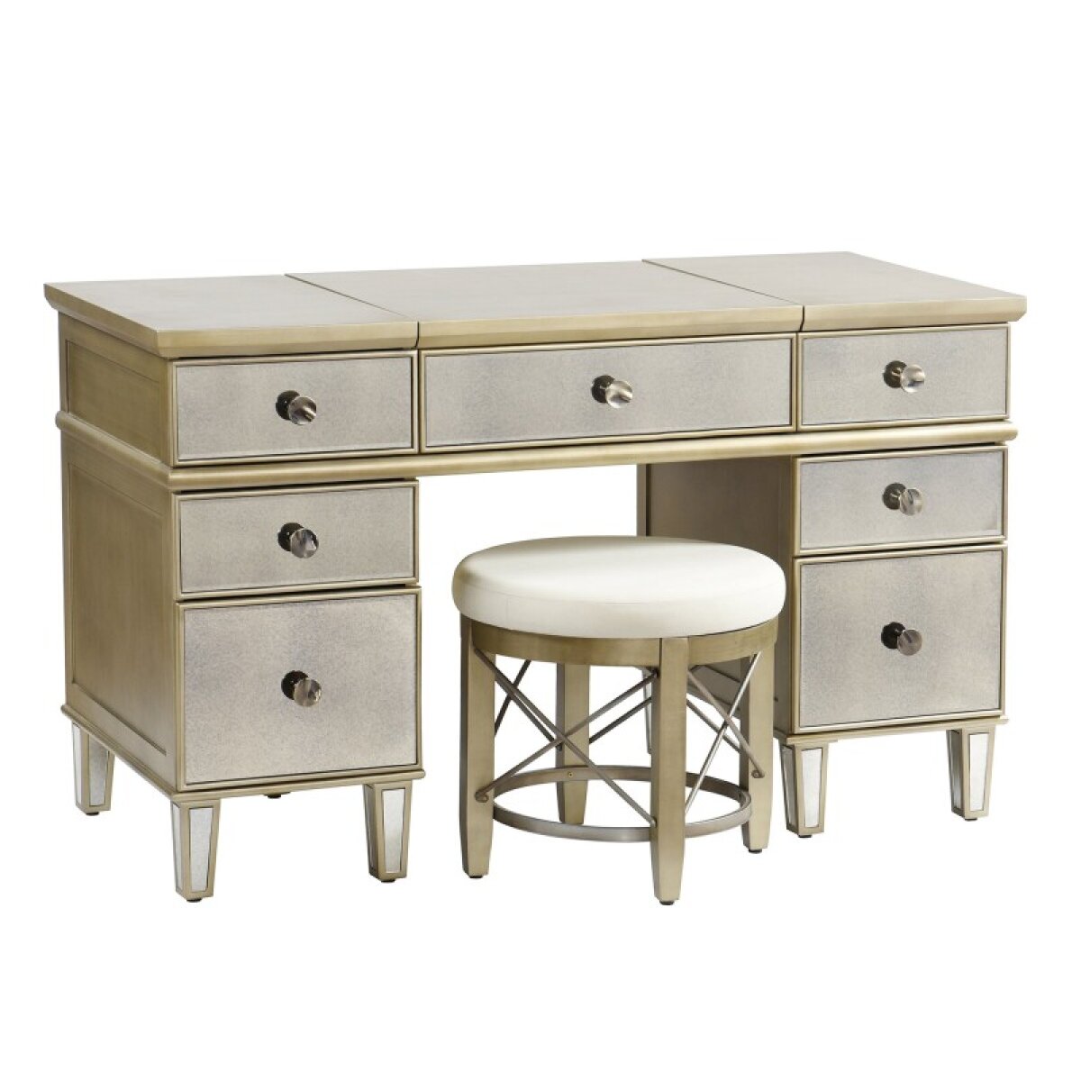 fb6dec600c0cad616b523b2a844b52e0 Vanessa Six Drawer Vanity Desk And Vanessa Round Vanity Stool - Image 1