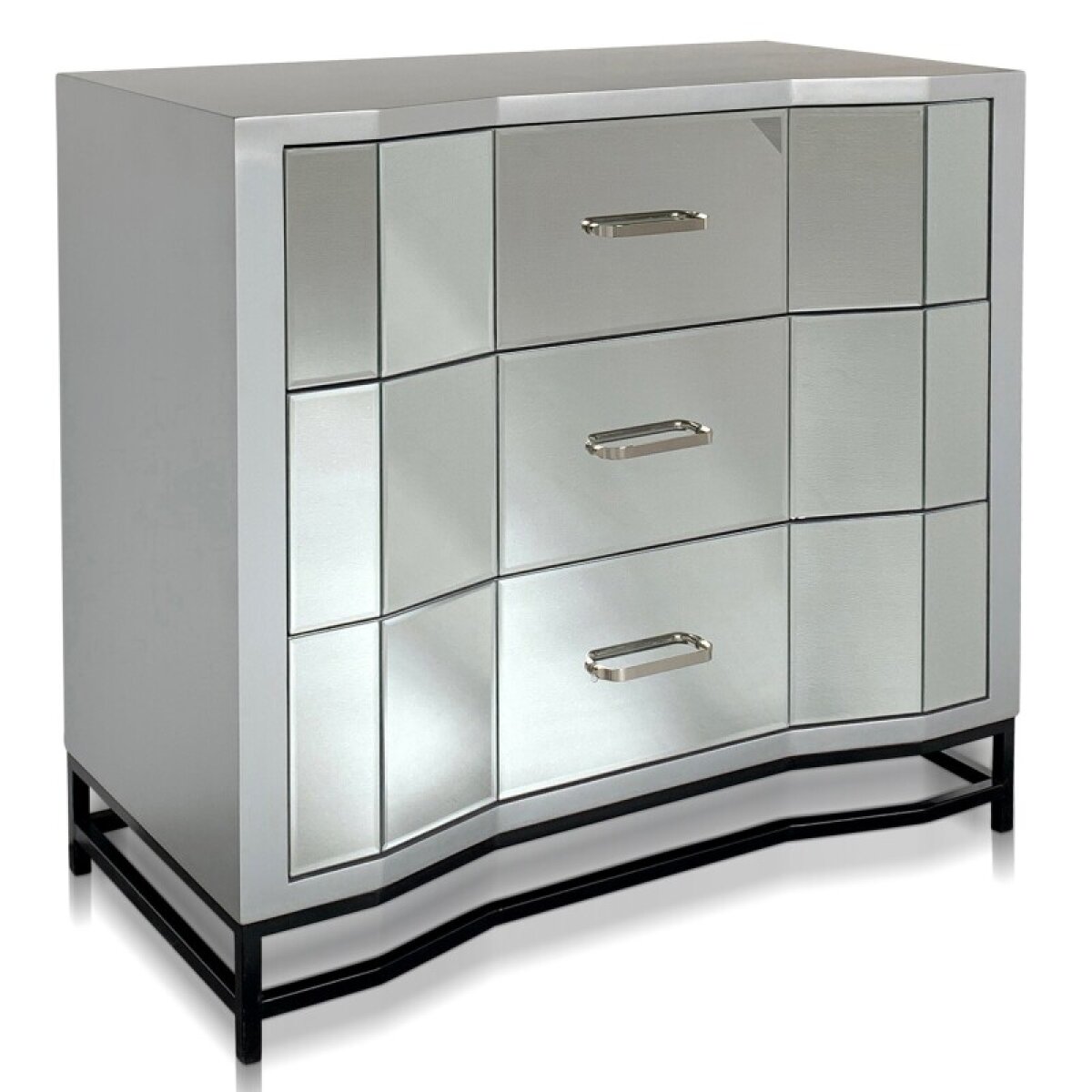 fc44f15b7bb6a03fe8bdcc993f45f580 Mirror & Black Satin Wooden Cabinet With Three Mirrored Drawers And Metal Base - Image 1