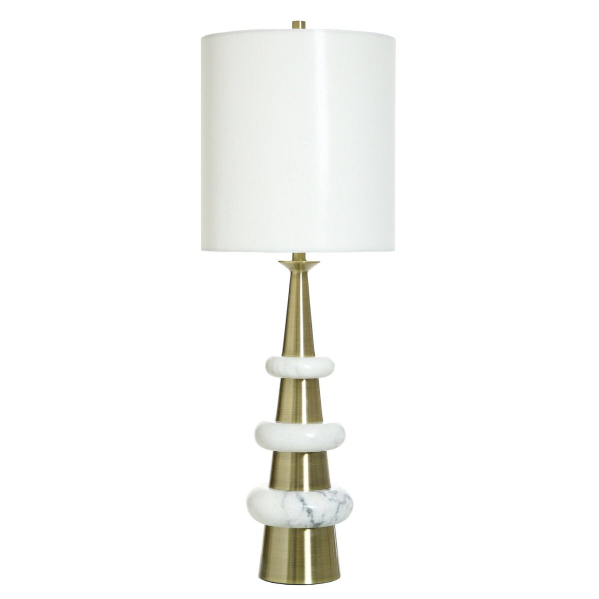 ff9dbe6ac560ab7509f2bbc3f43806ee Delphia Table Lamp | Brass Finish On Metal Body With White Marble Detail | Hardback Shade - Image 1