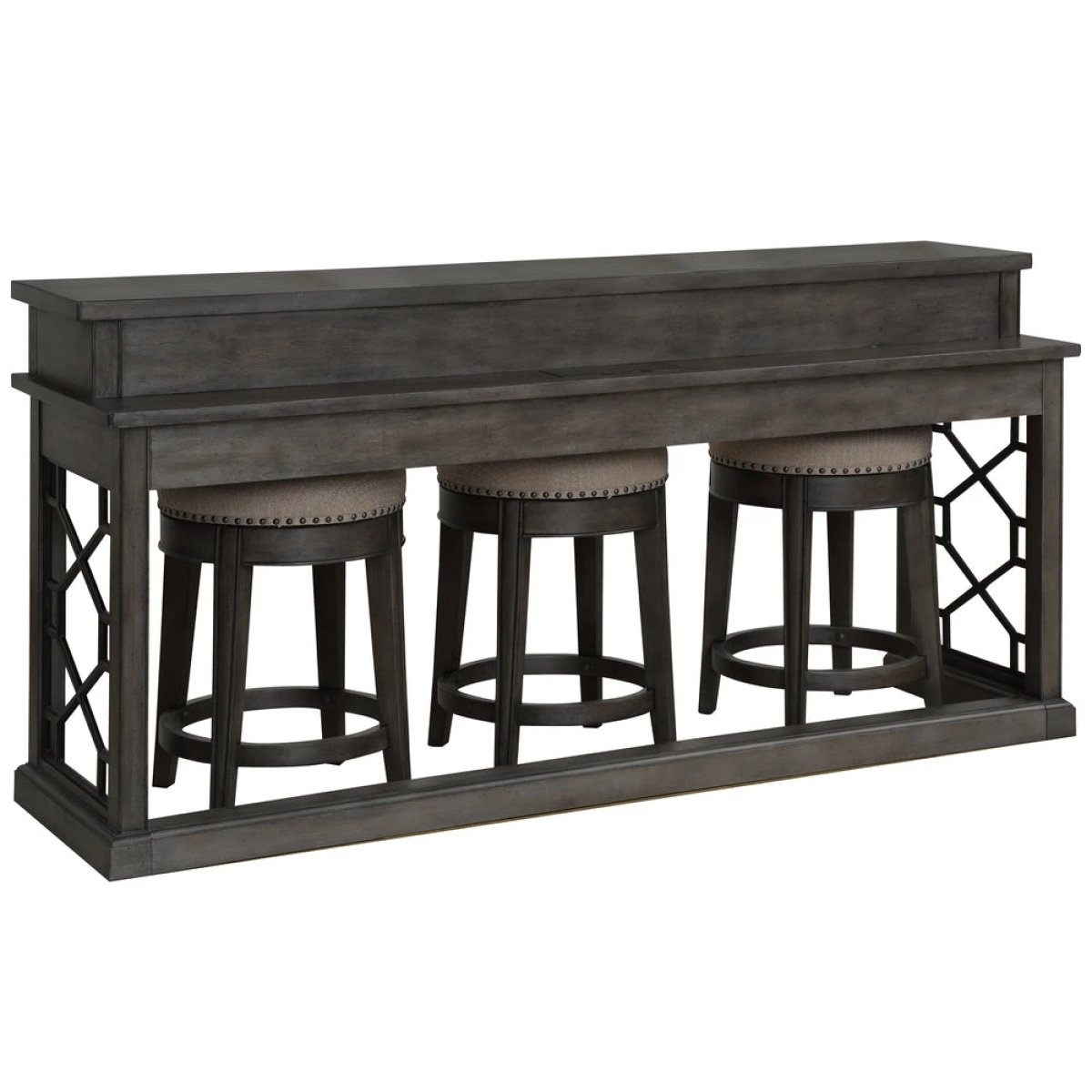 d10f90eff5c2953a9ca7a67558343805 Sundance - Smokey Grey Everywhere Console With 3 Stools - Image 1
