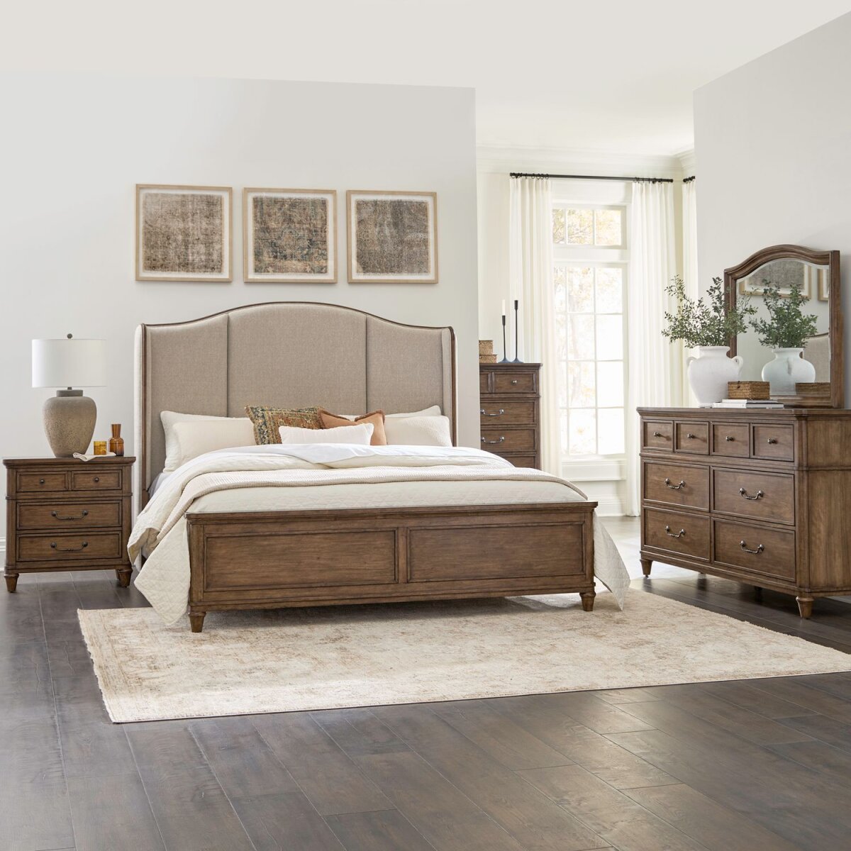 023e54fdd11a7e364b9283f0c4c3c9f8 Queen Shelter Bed, Dresser & Mirror, Chest, Night Stand - Image 1
