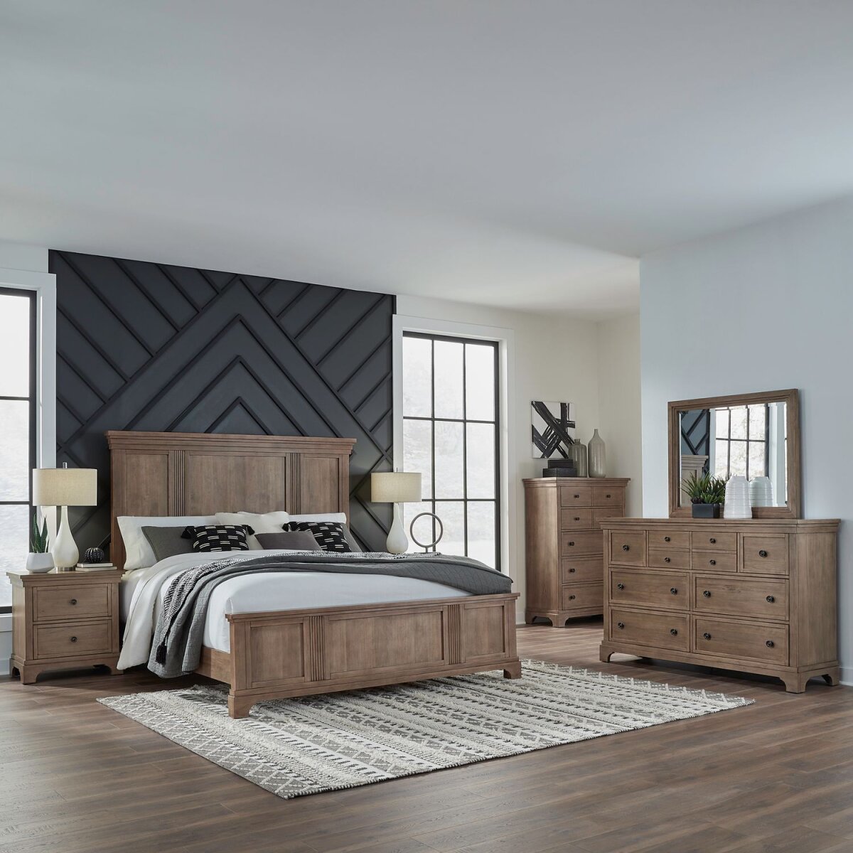 1b40548a19e6847debc3a7a5daa5cac4 King Panel Bed, Dresser & Mirror, Chest, Night Stand - Image 1