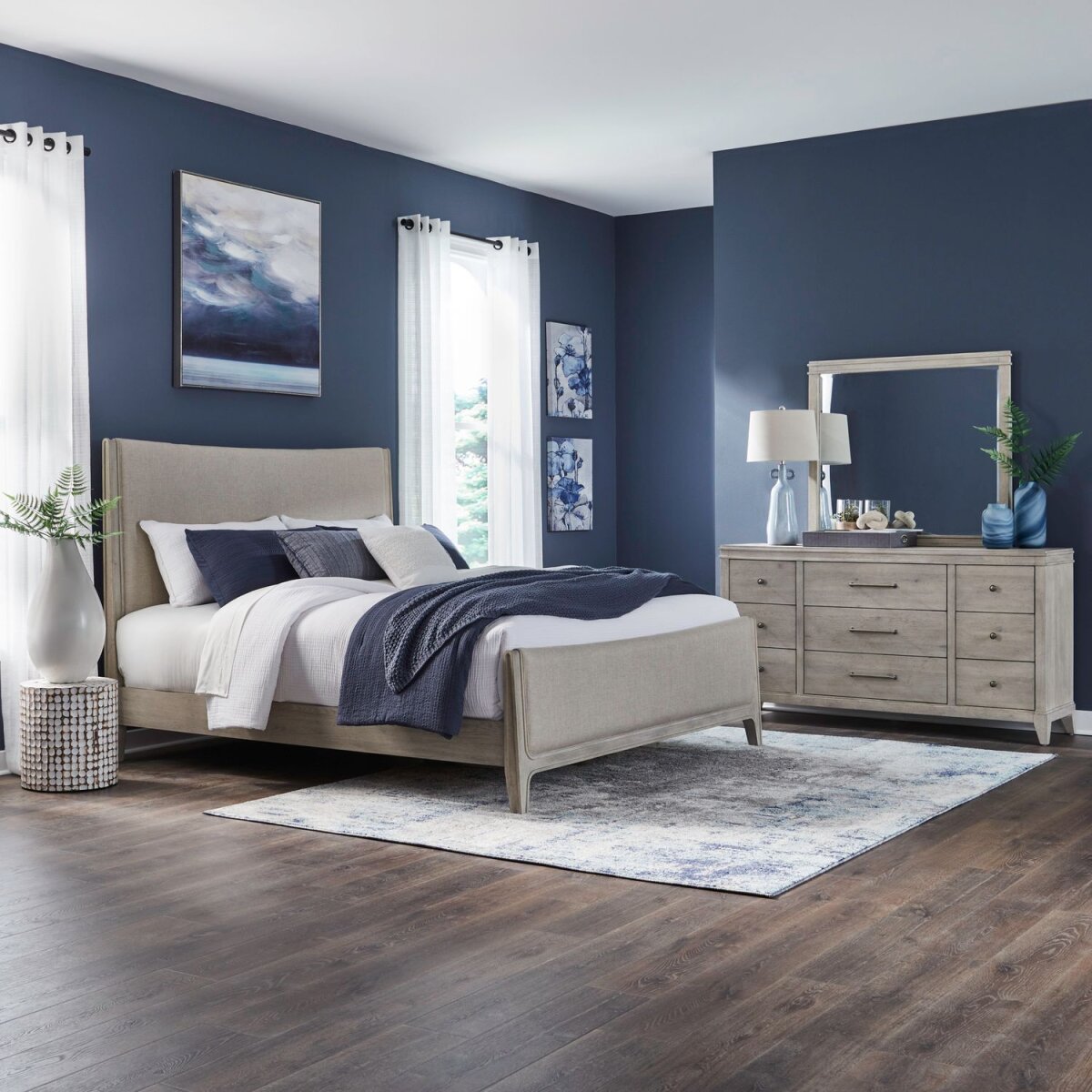 1c5f63eb3f36bcd77383de6e62b15af4 New Haven Queen Uph Bed, Dresser & Mirror - Image 1