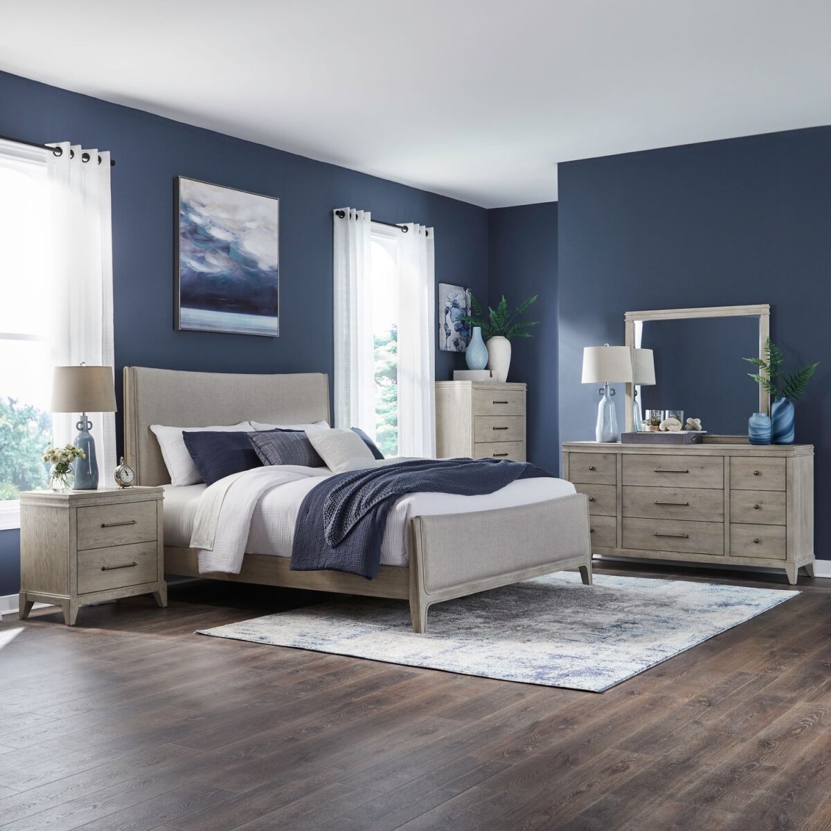 1e003a4ab65a8b7978e02ae5fc34af2e King California Uph Bed, Dresser & Mirror, Chest, Night Stand - Image 1