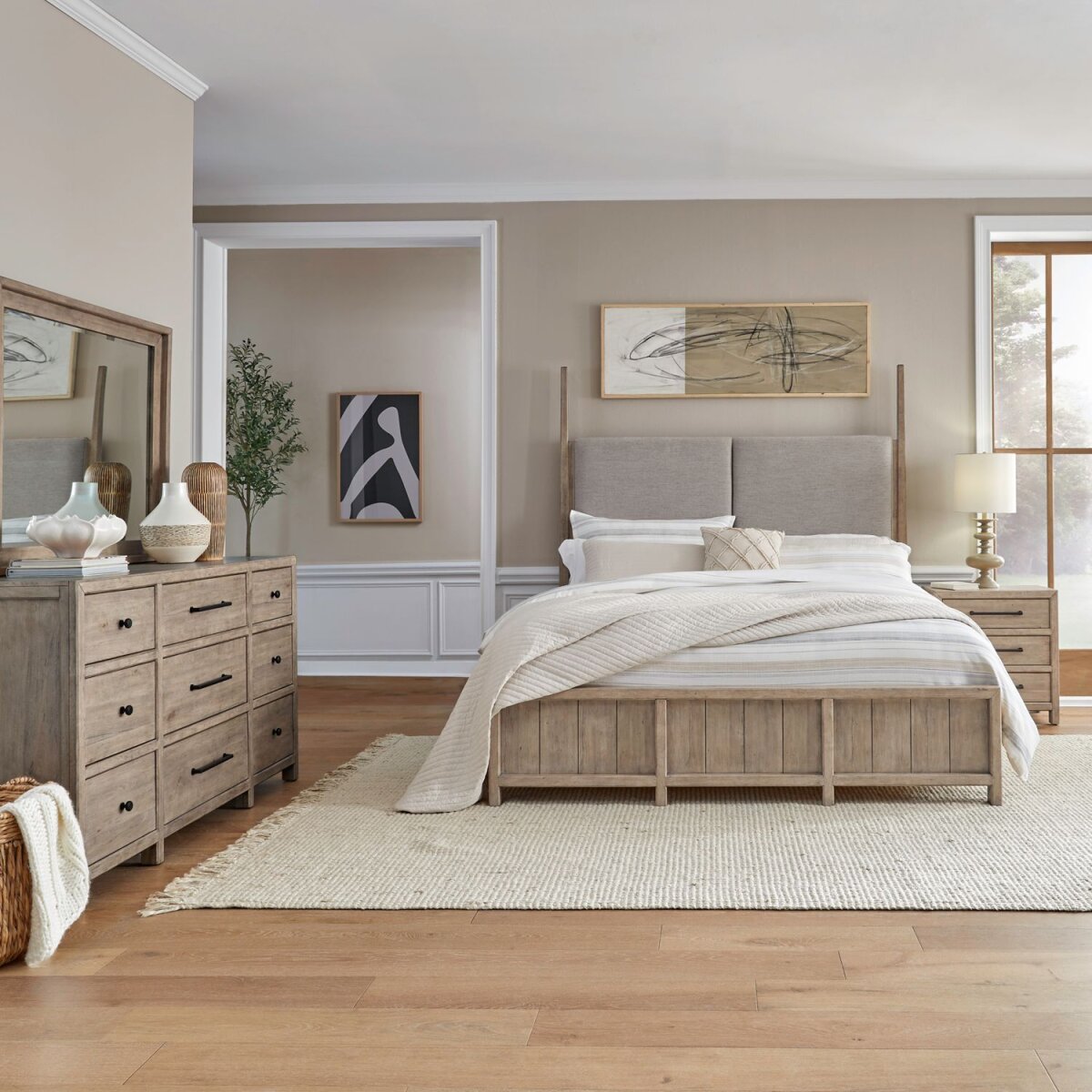 43cf50965fdef4e4be0bb16997c43069 King Poster Bed, Dresser & Mirror, Night Stand - Image 1