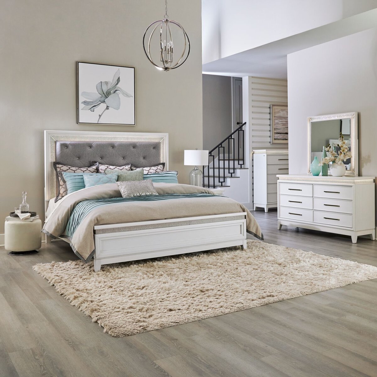 63ab531130b7789df35f4c2199a81277 King California Uph Bed, Dresser & Mirror, Chest - Image 1