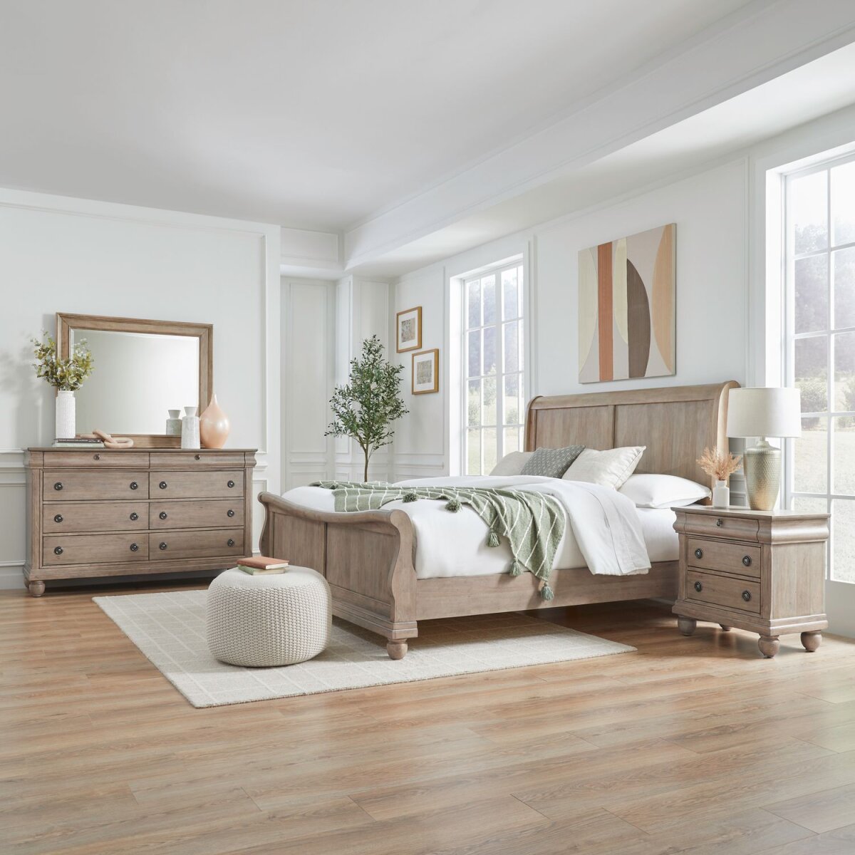 727c88419b293891fb0c59961f47a7f3 King California Sleigh Bed, Dresser & Mirror, Night Stand - Image 1