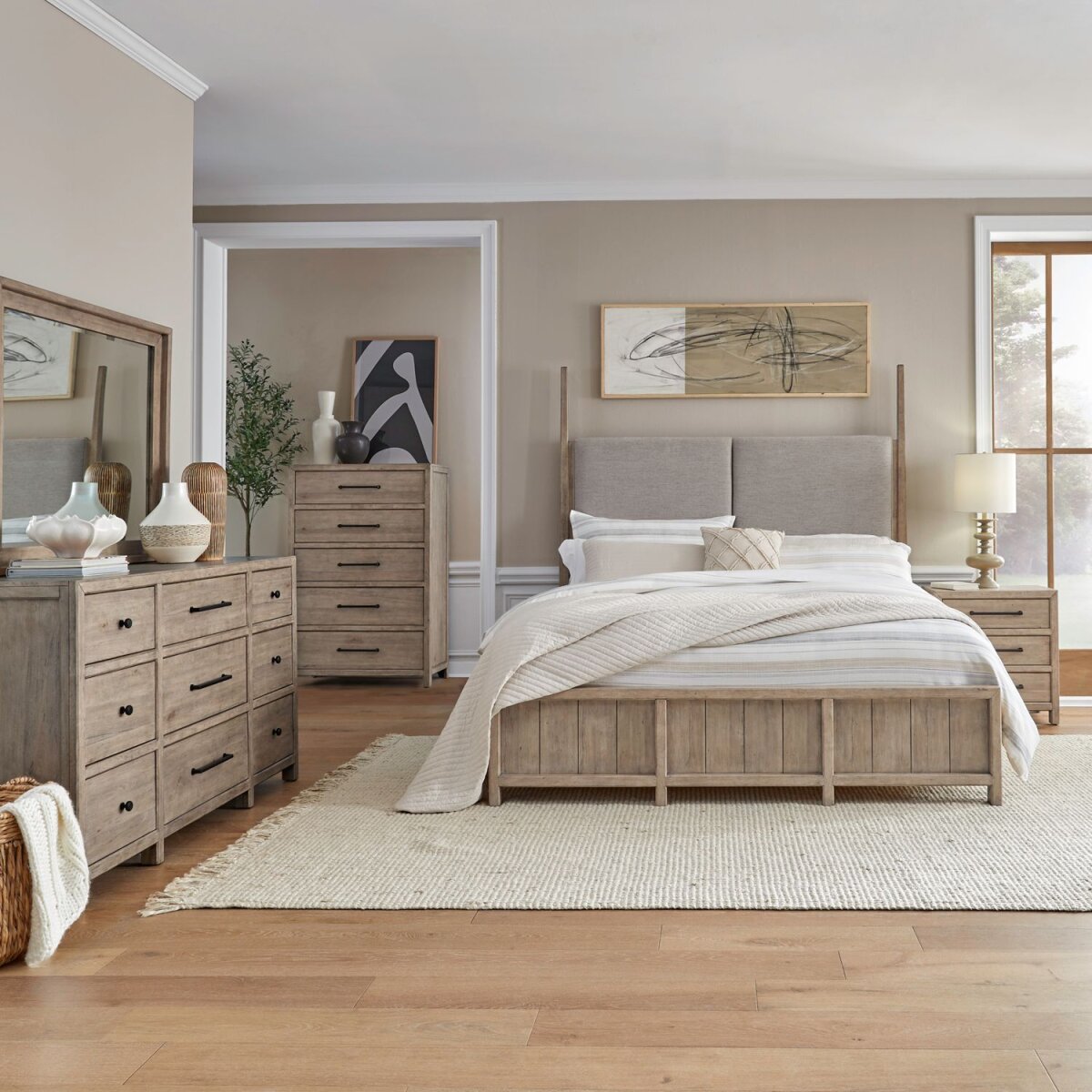 b4052a159aaf824b9fa368c894306e38 King California Poster Bed, Dresser & Mirror, Chest, Night Stand - Image 1