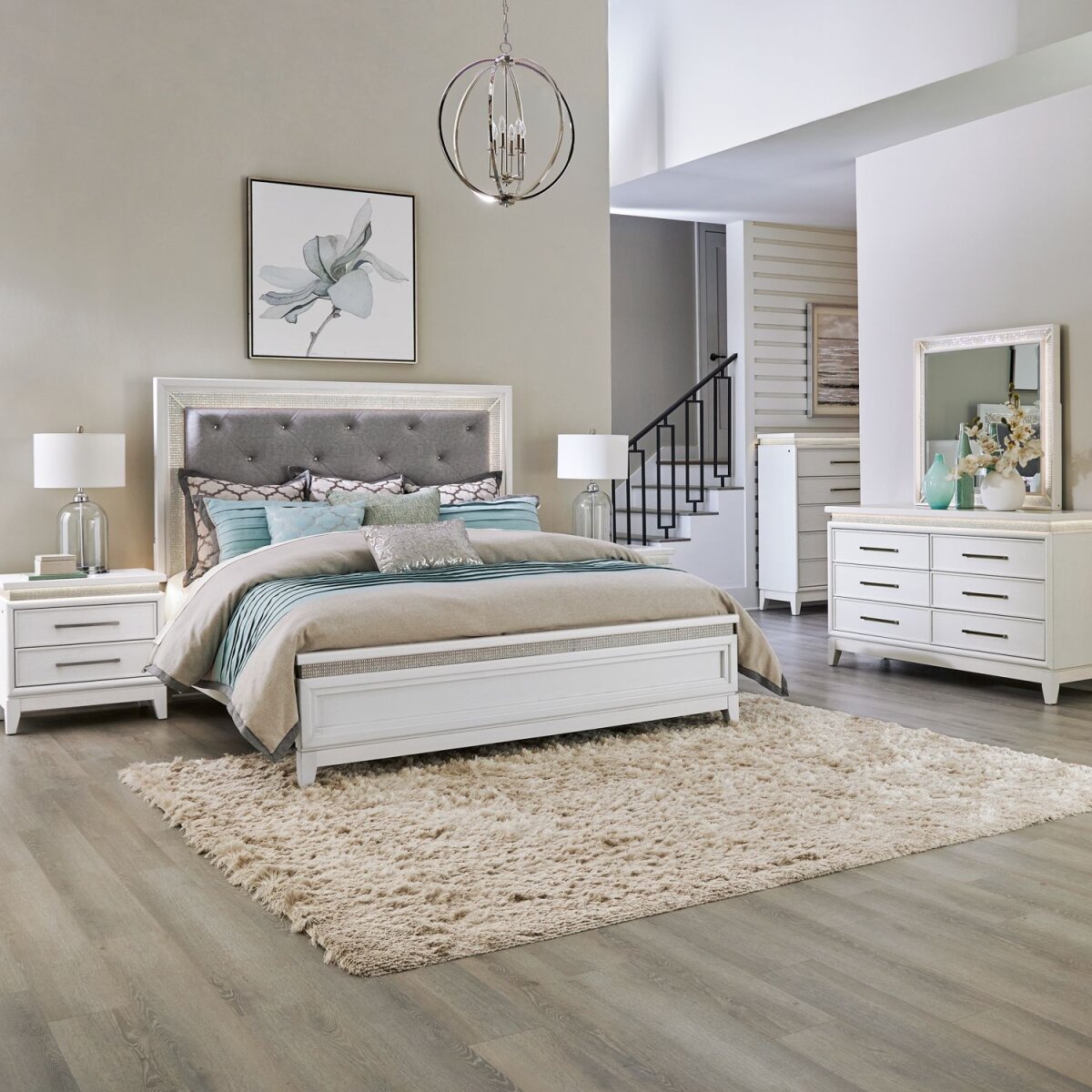 c87150d4cba9cbad7bbcd5d080b6cae9 Reflections King California Uph Bed, Dresser & Mirror, Chest, Night Stand - Image 1