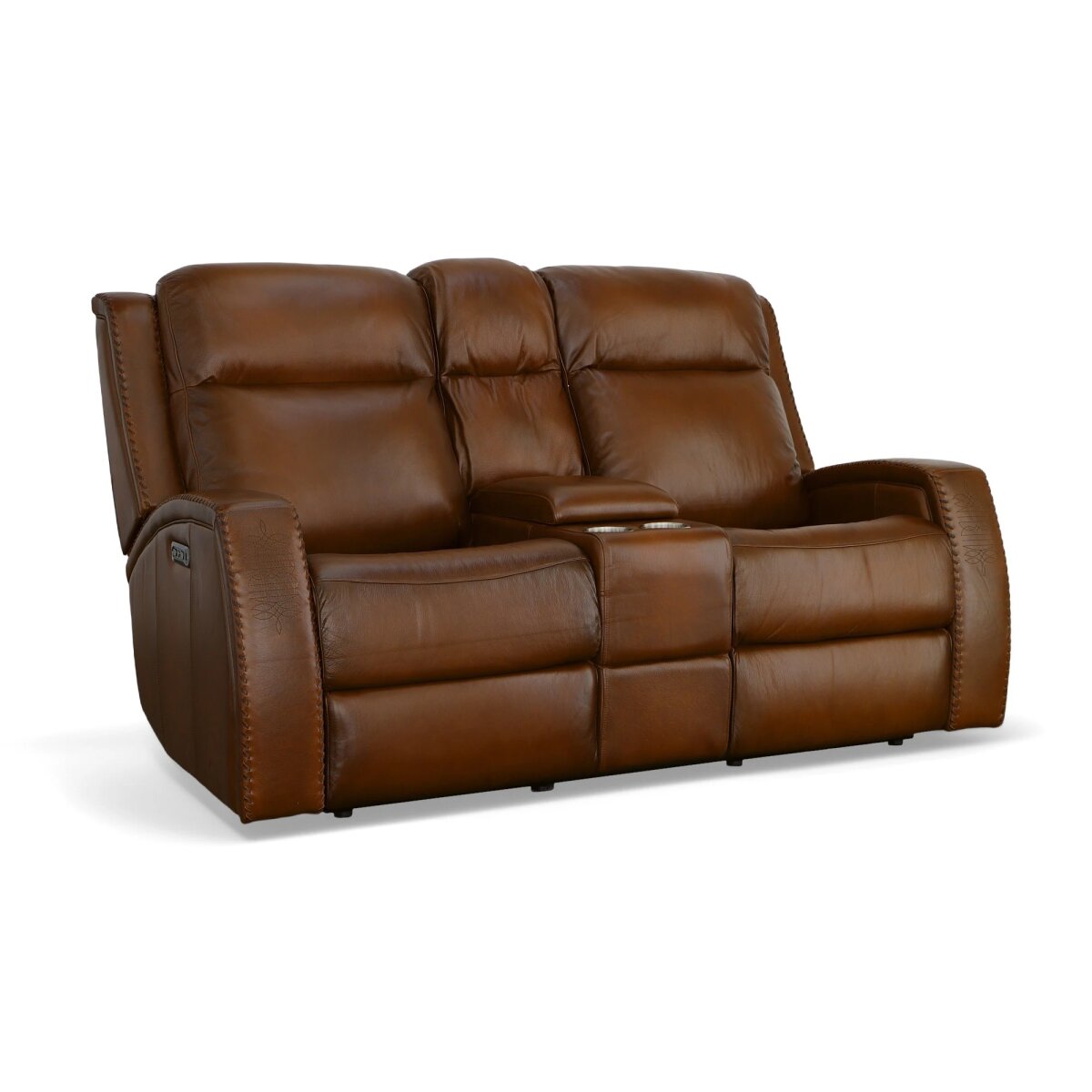 3a80f116172c33098f00a81cc39e78f3 Mustang Rust Leather Power Loveseat with Console with Power Headrest - Image 1